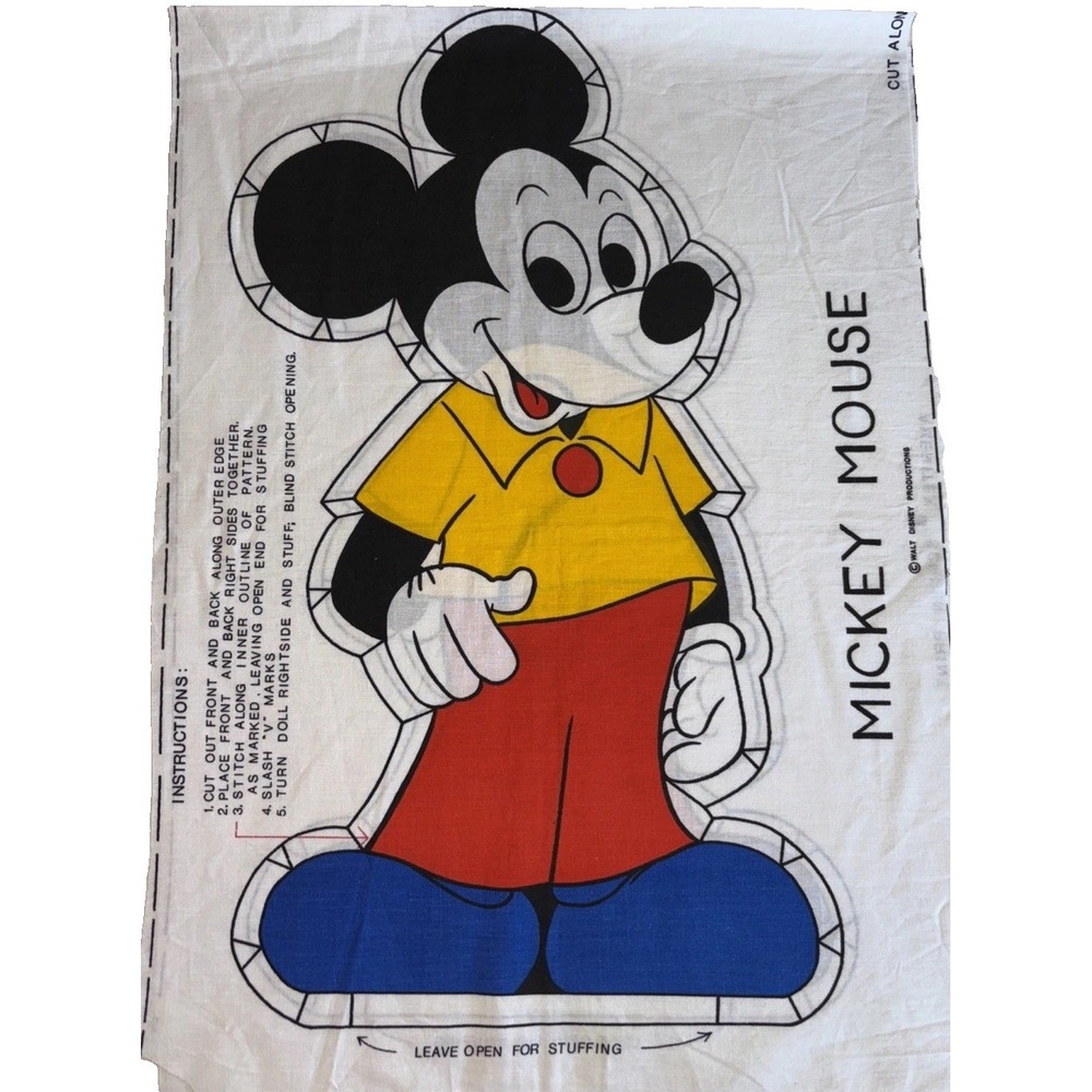 Vintage Mickey Mouse Fabric Panel Walt Disney Cut Sew Pillow Doll Yellow Red Blu